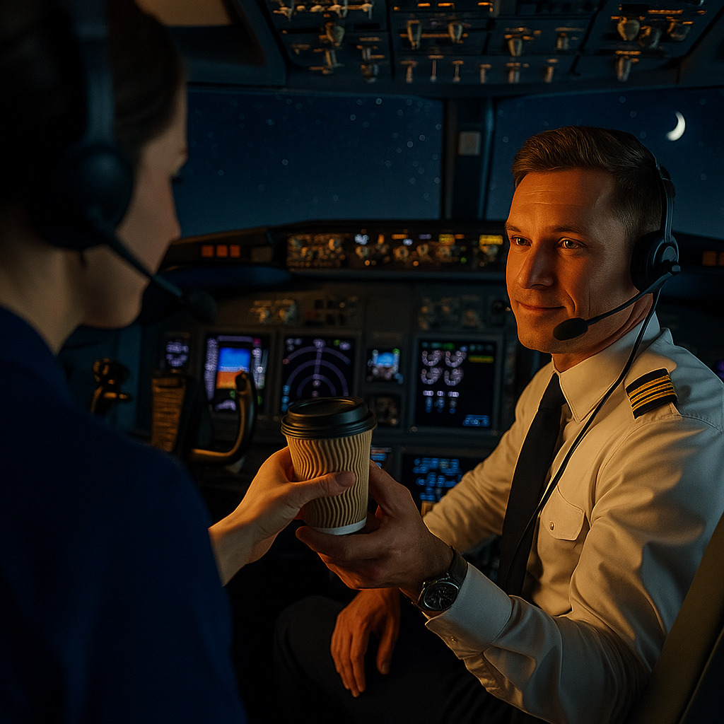 BRUZZO 国際輸送 コックピットでNatalieが機長にコーヒーを渡すシーン｜UNLIMITED