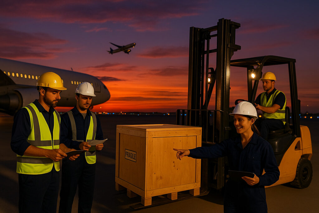 BRUZZO 国際輸送 フォークリフトで貨物機に木箱を積み込む様子｜UNLIMITED