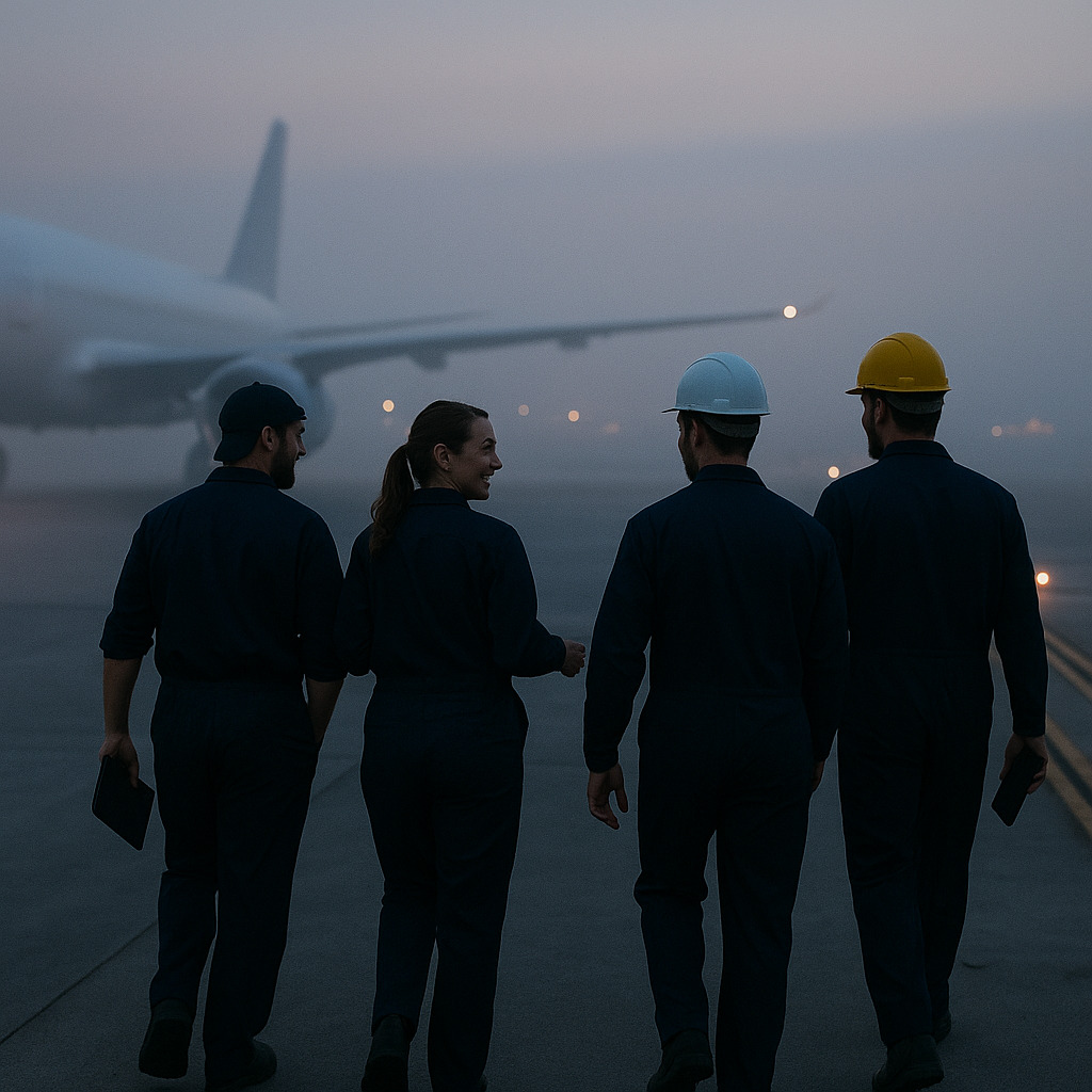 BRUZZO 国際輸送 チームが朝靄の中飛行機に向かう後ろ姿｜UNLIMITED