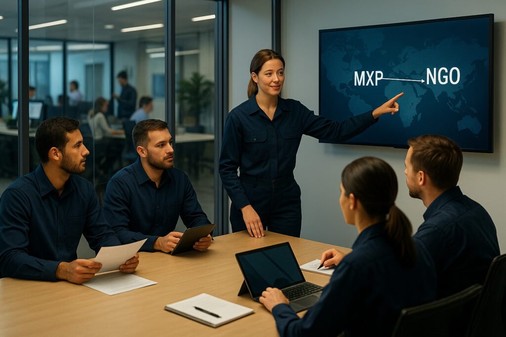 BRUZZO 国際輸送 UNLIMITEDチームが会議室で輸送計画を打合せるシーン｜UNLIMITED