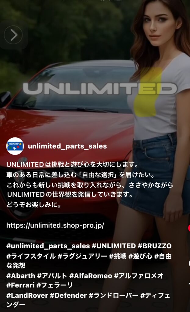 UNLIMITEDは、フィアット・アバルト・アルファ ロメオから始まり、
「色・彩・艶」をコンセプトに自社製オリジナルパーツや海外ドレスアップパーツを展開してきました。
“無いものは作る”をモットーに生み出された製品は海を越えて海外へも広がり、
現在ではアバルトの世界的ブランドSforza社や英国Kahn社の正規ディーラーとして、
フェラーリやランドローバー・ディフェンダーパーツまで取り扱うまでに至っています。

ただのパーツ販売ではなく、Lifestyle of Luxury を掲げ、
挑戦と遊び心を大切に、日常に「自由な選択」を届けるブランドへ。
これからもUNLIMITEDの新しい挑戦にご期待ください。